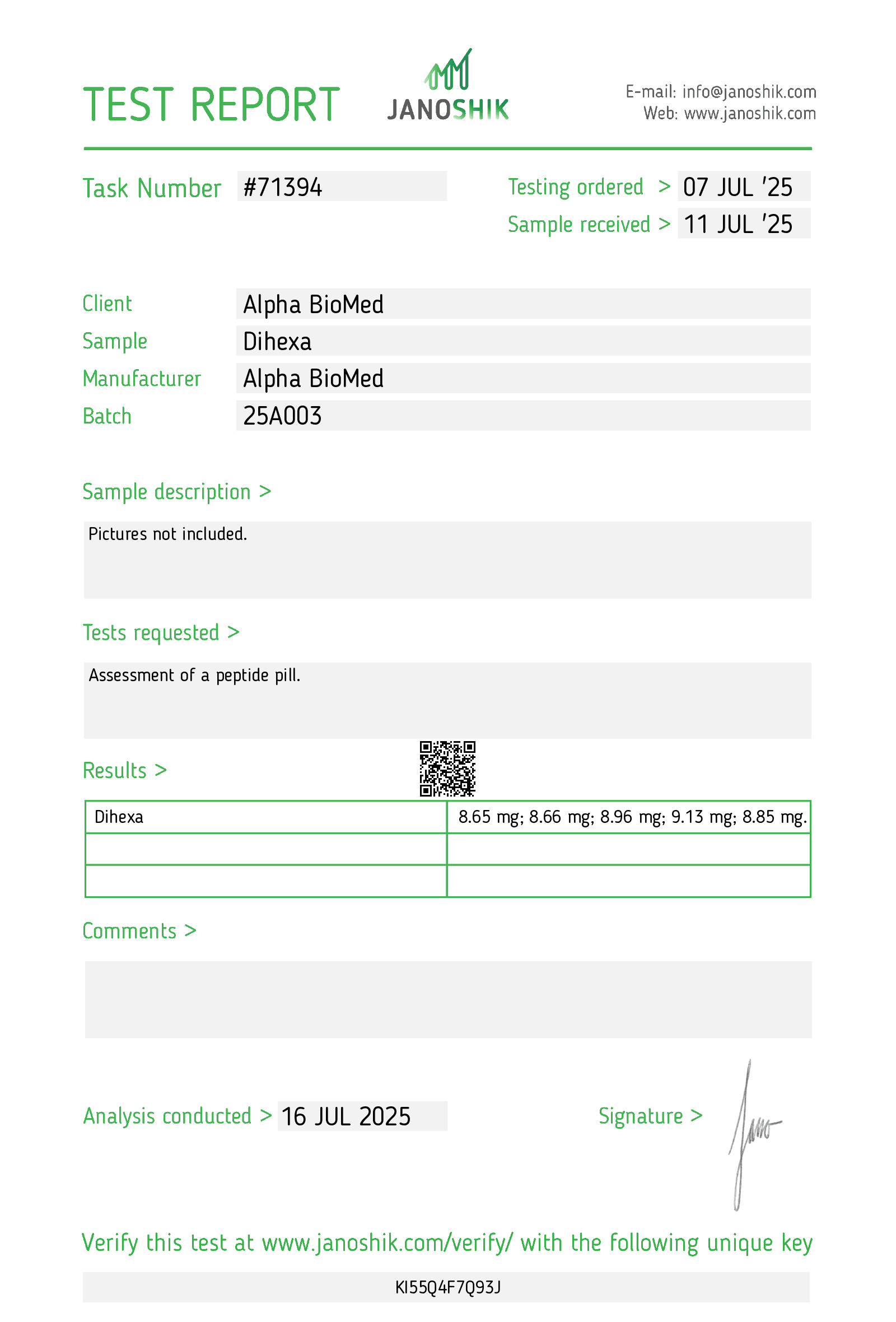 COA — Dihexa (8mg) x 30 Tablets
