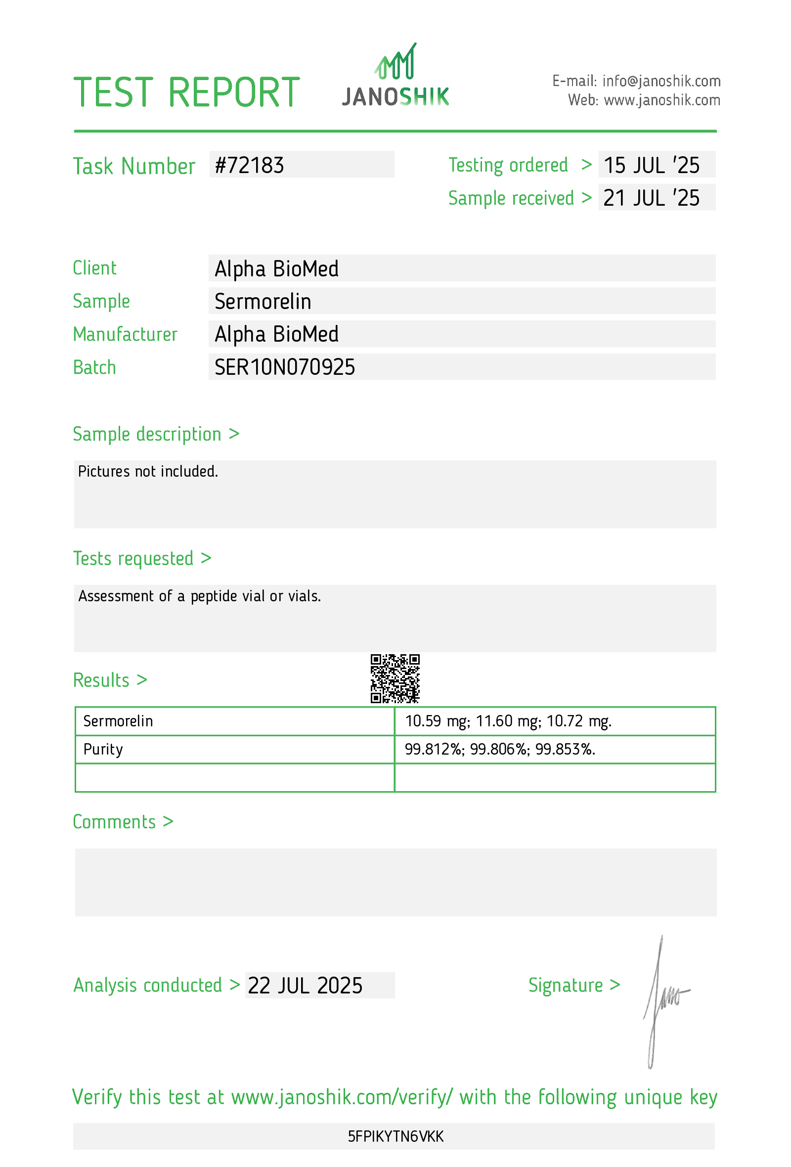 COA — Sermorelin (10mg)