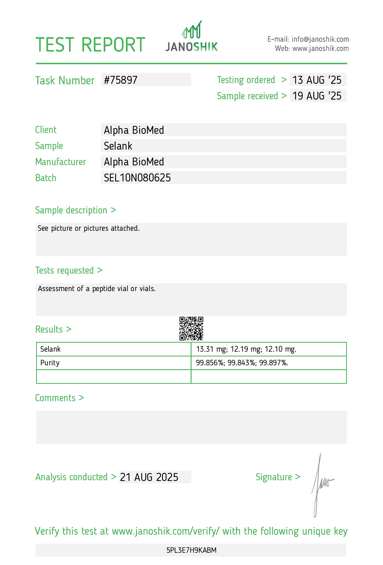 COA — Selank (10mg)