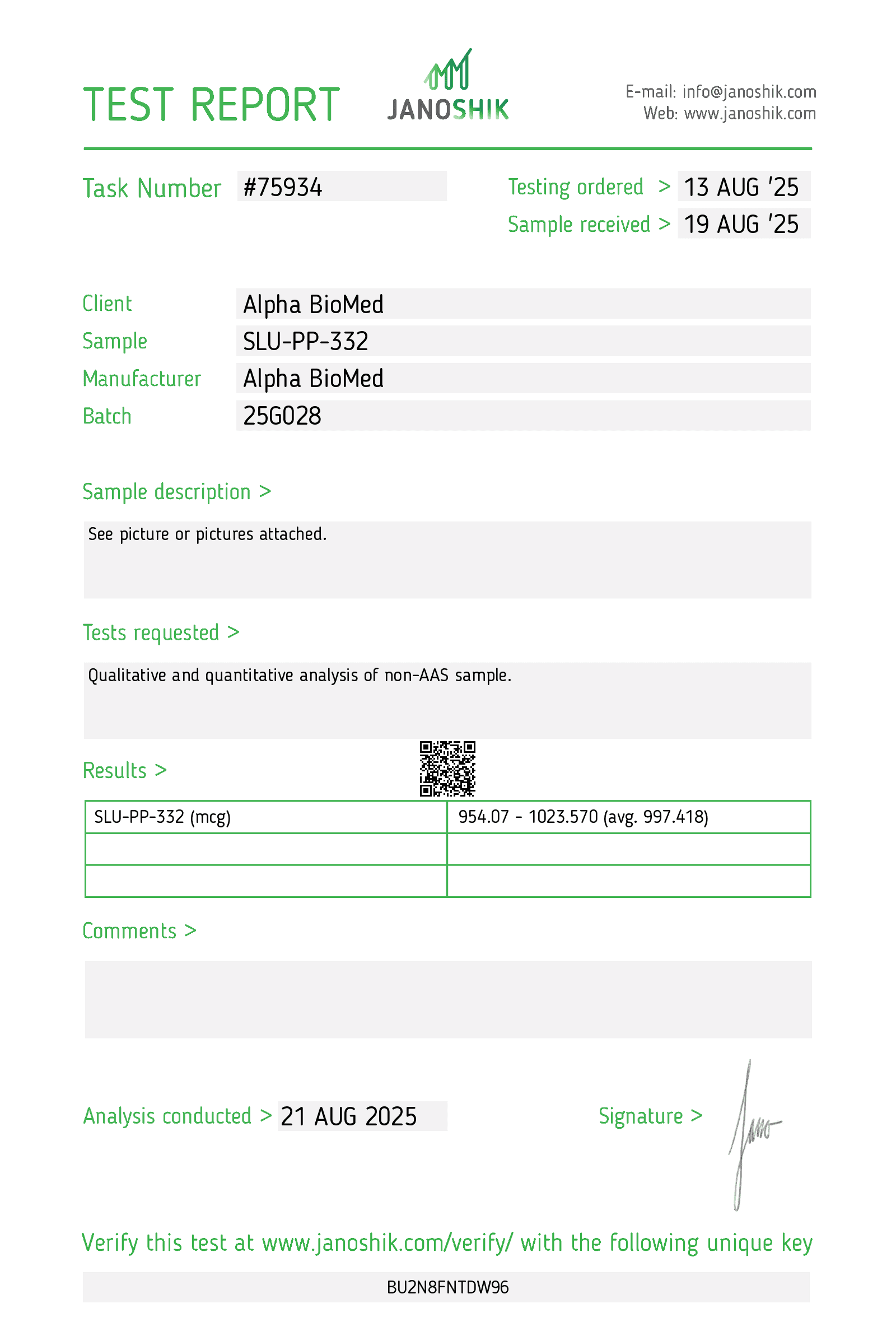COA — SLU-PP-332 (1mg) x 60 Tablets