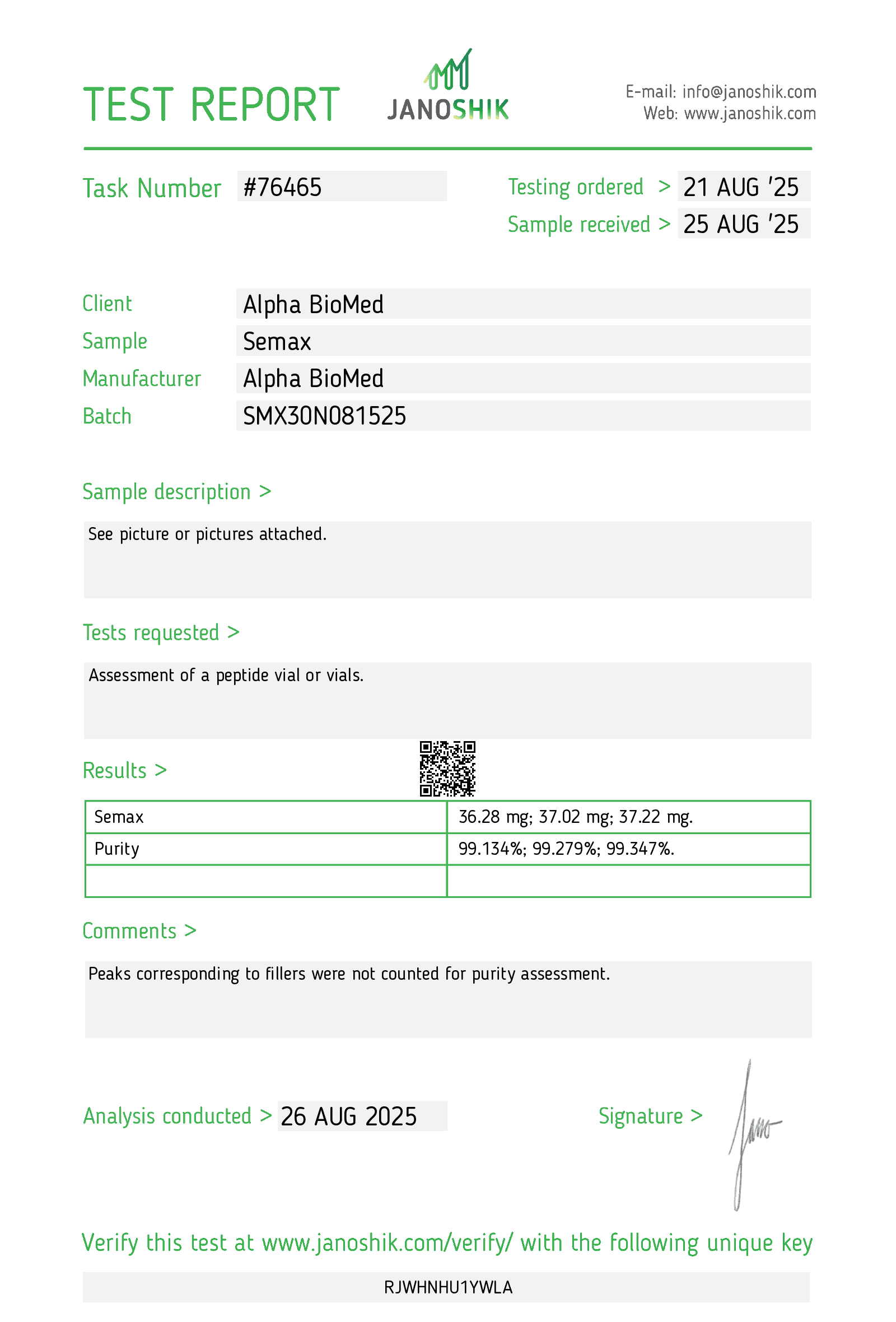 COA — Semax (30mg)